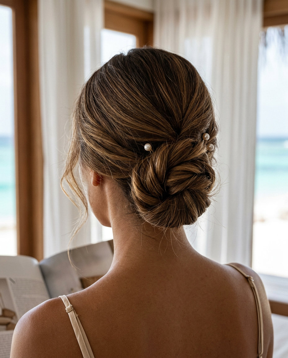 medium twisted low bun with pins in syrup brunette color, intertwined twists, no fringe — modern elegant