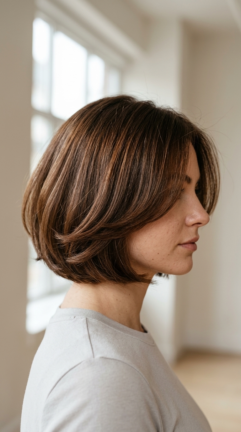short butterfly haircut in syrup brunette with caramel face-framing, no bangs, graduated back — polished sophistication