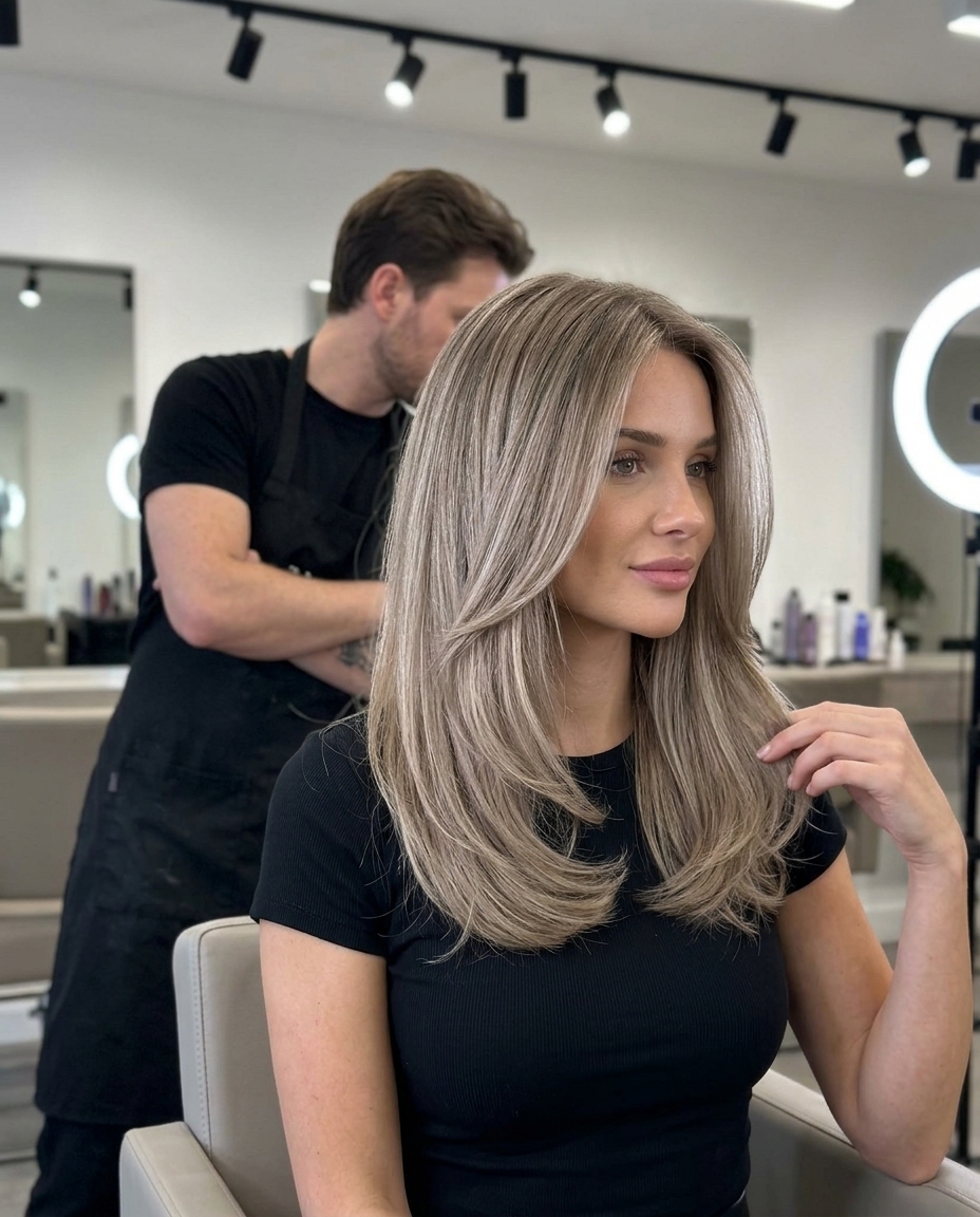 long taupe blonde hair color with ash and beige undertones for summer 2026