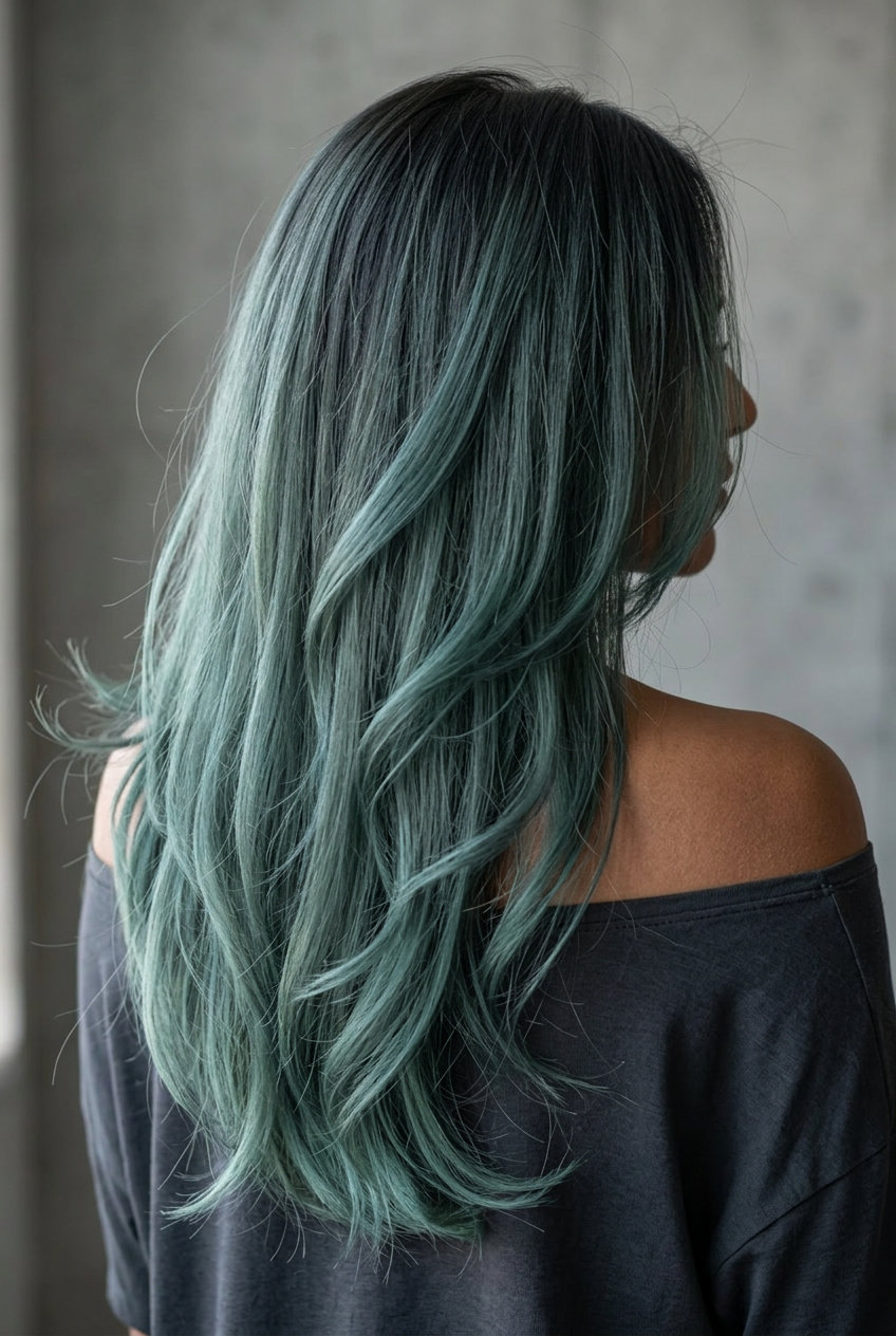 long muted teal ombré with charcoal and forest green undertones for edgy style