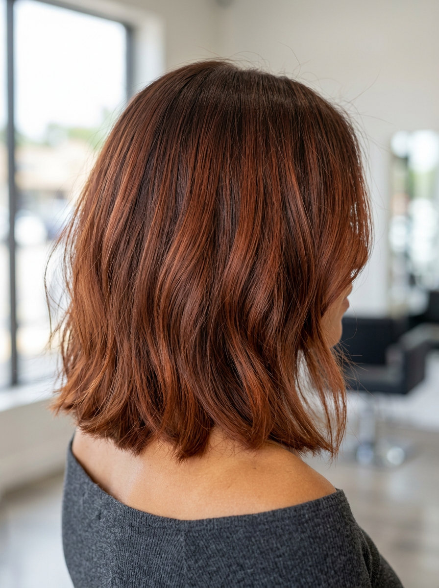 shoulder-length terracotta brunette lob with red-orange undertones and face-framing layers for bold style