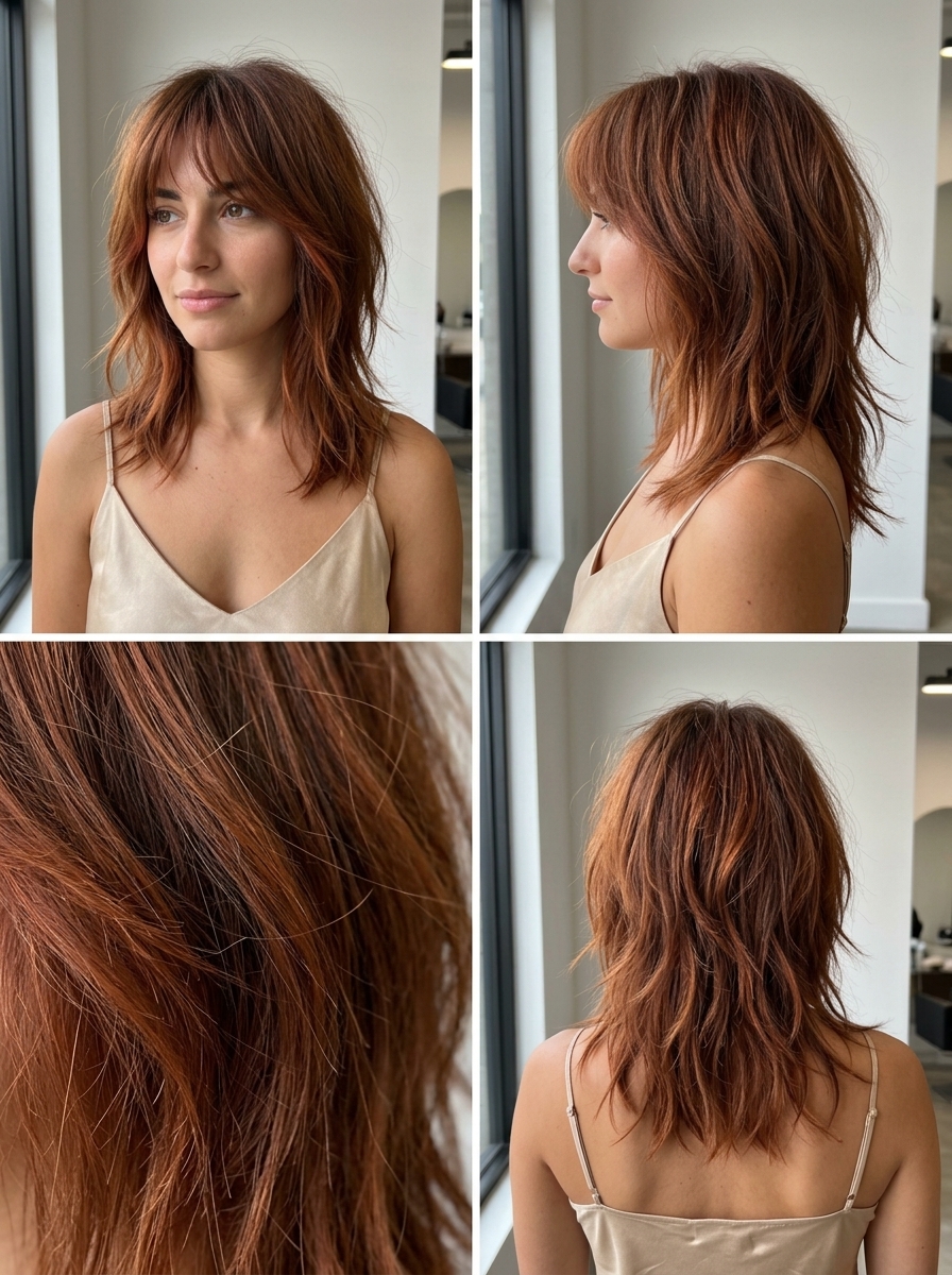 collarbone-length shag haircut with terracotta brown color melt, disconnected layers, and wispy bangs for festival