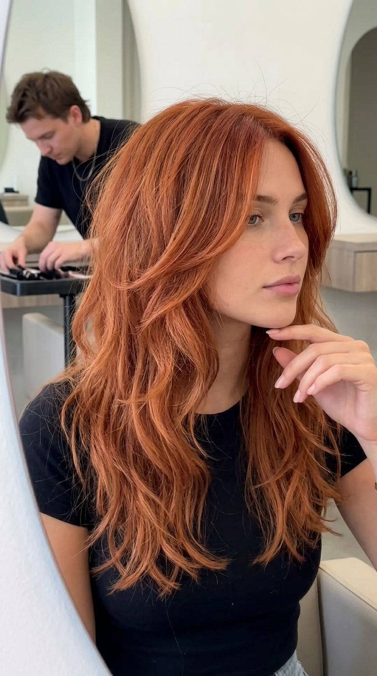 Boho Terracotta Copper Shag Haircut 2026 medium-long terracotta copper shag haircut with apricot highlights and curtain bangs for festivals