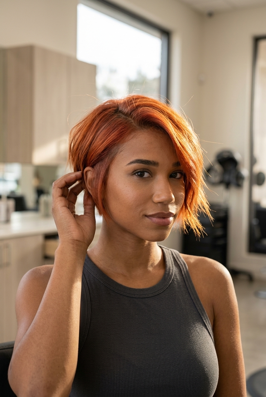 short asymmetric crop with terracotta orange and muted copper root for edgy looks