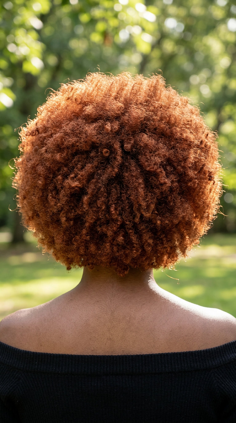 short terracotta afro shag with layered cut and red-brown undertones