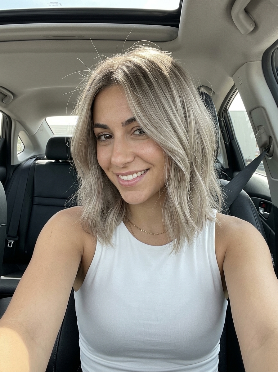 textured lob ash blonde all-over color with neutral beige tones for modern edgy look