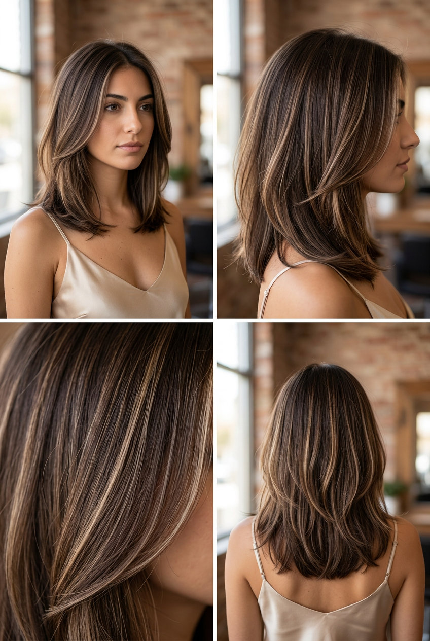 long chocolate brunette hair color with vanilla bean babylights, toasted almond highlights, diffused glow — soft natural elegance