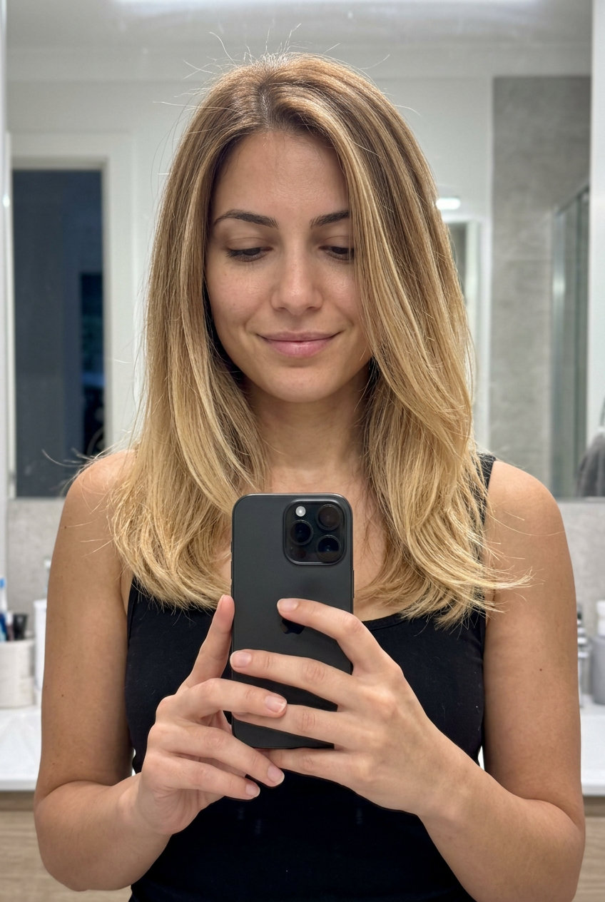 long layered toasted coconut sombré with creamy golden blonde, seamless blend, no fringe — natural K-beauty