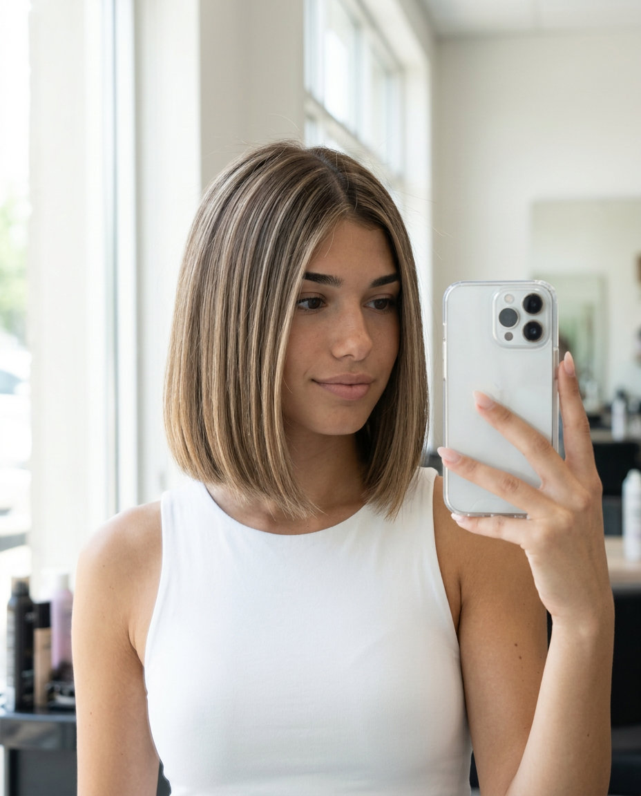 chin-length blunt bob with toasted praline & sandy beige-blonde highlights, crisp center part — sleek summer hair