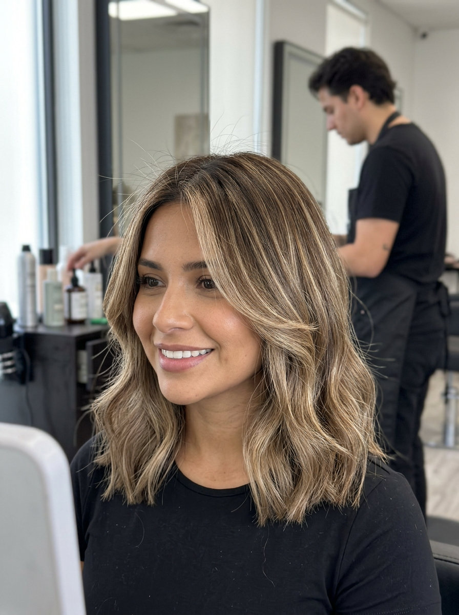 shoulder-length lob with toasted praline balayage and soft internal layers for playful waves