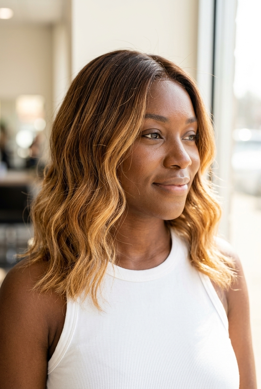 long layered toffee swirl ombre with warm caramel, soft diffused blend, no fringe — effortless chic