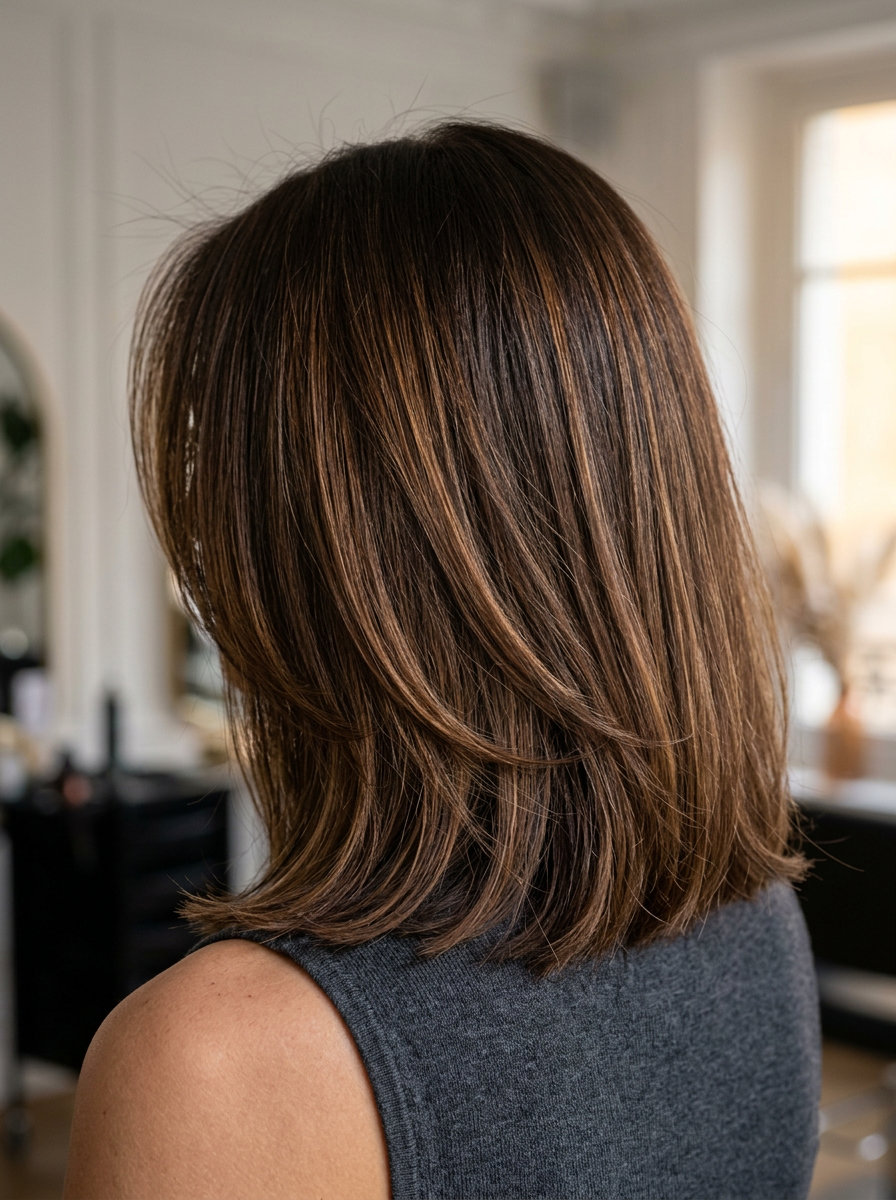 shoulder-length lob rich brunette hair with toffee/caramel micro-lights, internal layers, curtain bangs — French chic