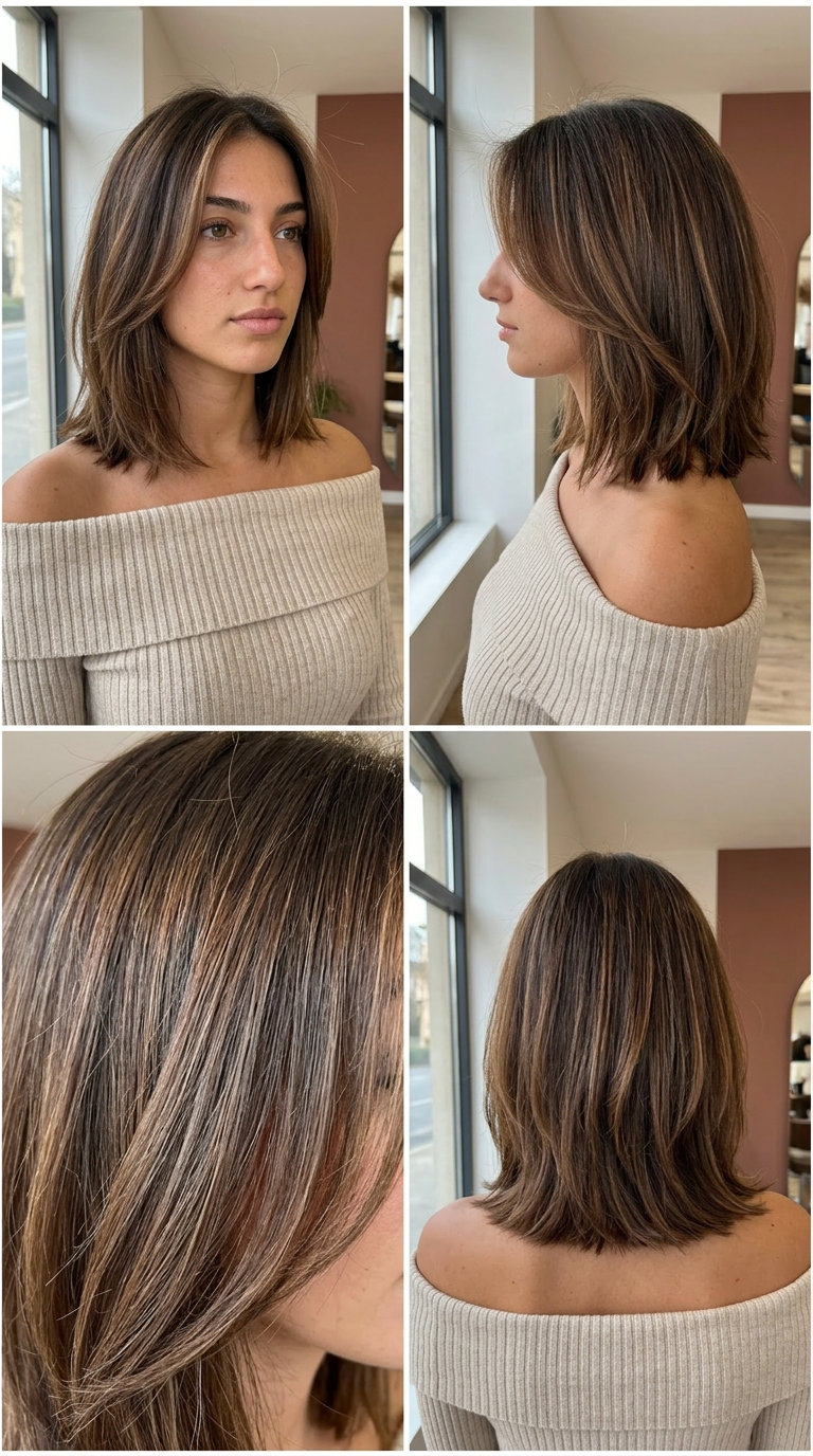shoulder-length warm chocolate brunette hair color with creamy toffee highlights, balayage for summer 2026