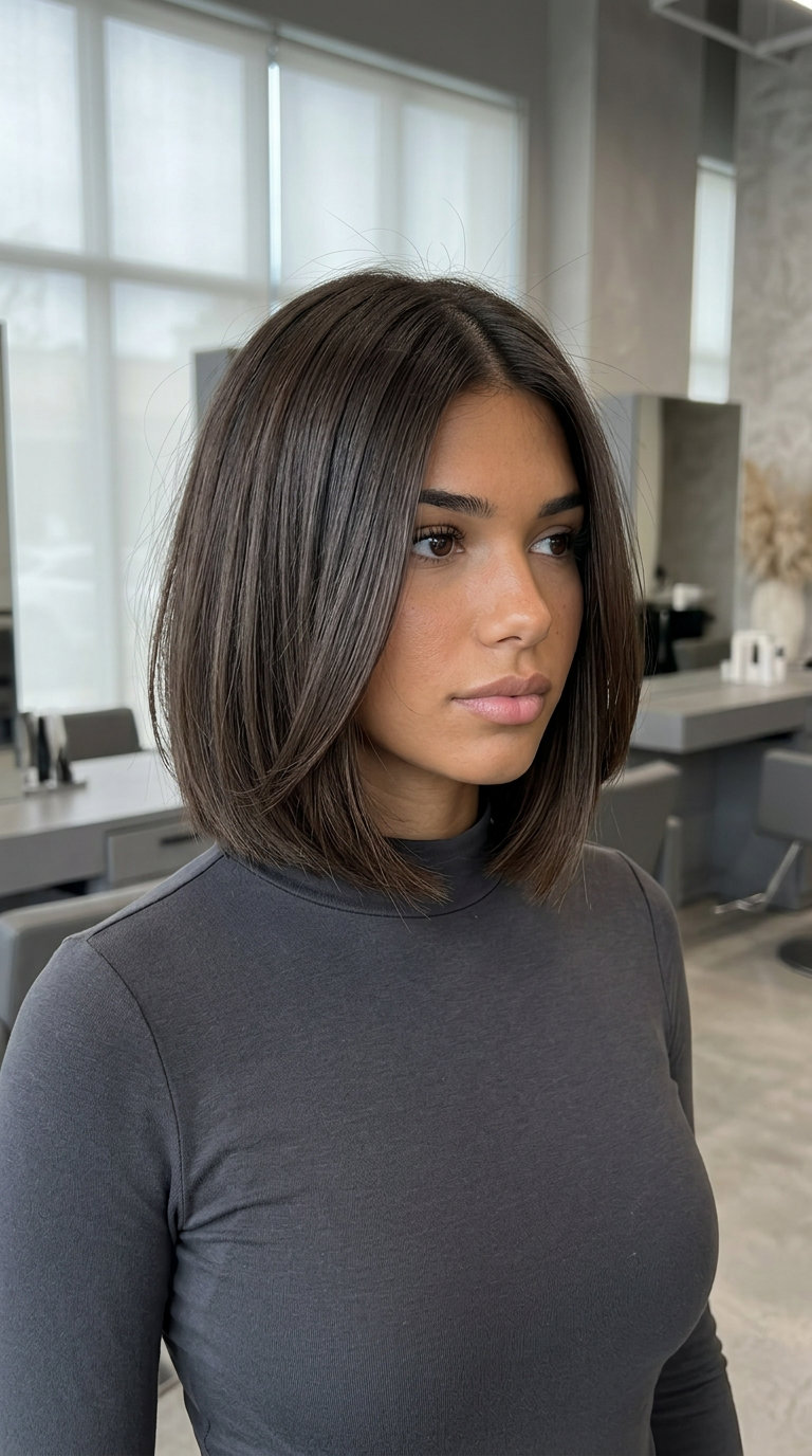 chin-length French bob brunette hair with transparent espresso tone, blunt cut, no bangs — sophisticated polish