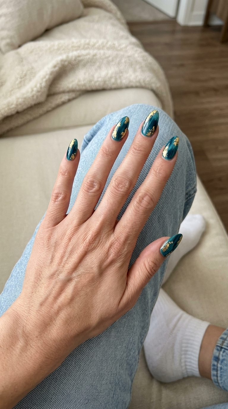 Trending Summer Nails 2026: Bold Teal & Gold Abstract Trending summer nails 2026: Artistic teal and gold abstract almond nails for a bohemian vacation vibe.