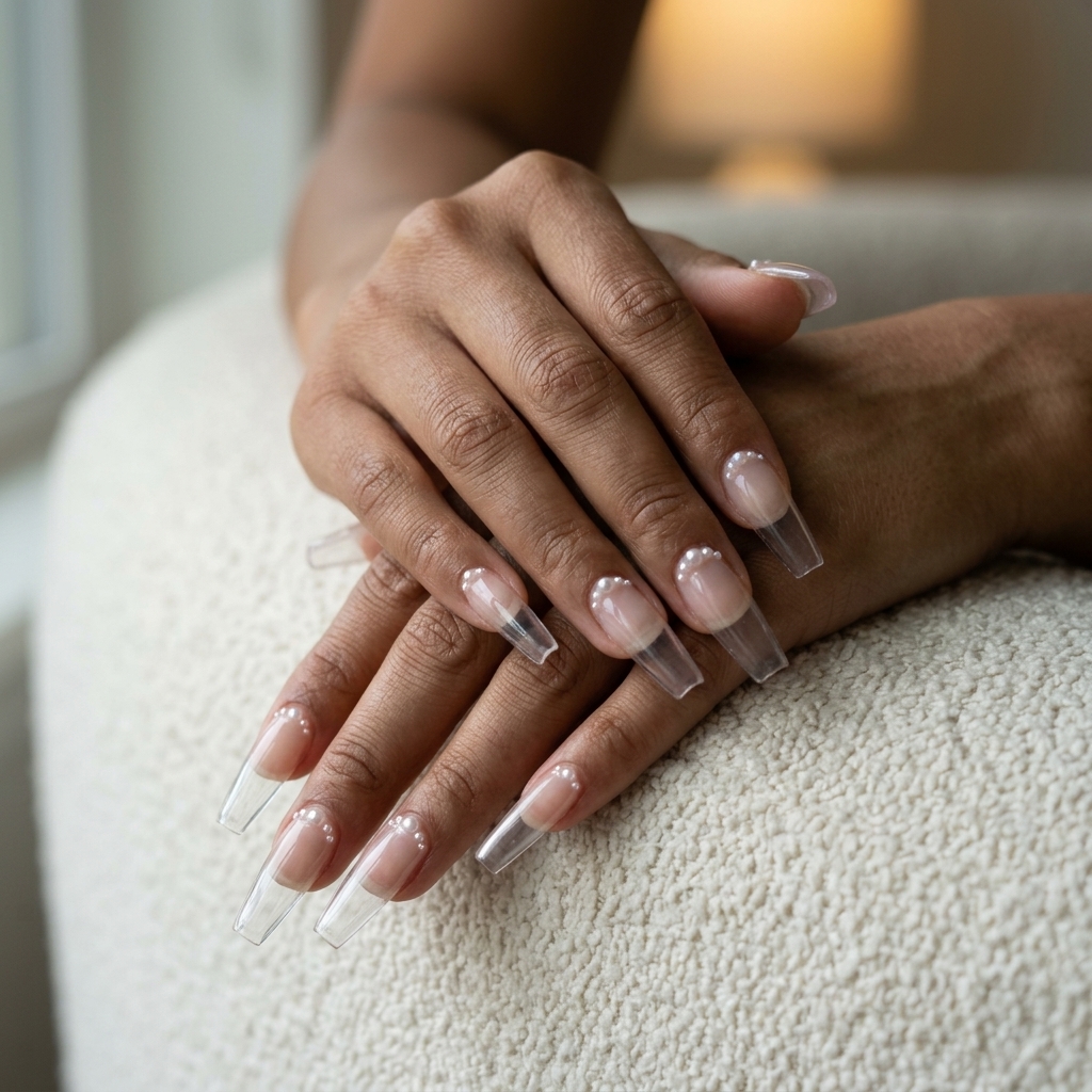 Crystal Pearl Ballerina Nails 2026 | Wedding Glam Glamorous crystal clear ballerina nails with iridescent pearl accents for trending summer nails 2026 weddings.