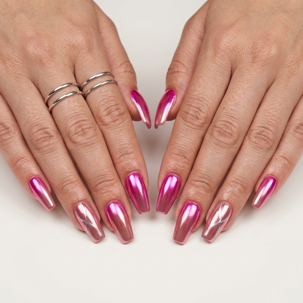 Cyber Pink Chrome Nails 2026: Edgy Festival Cyber Pink Chrome Gradient Coffin nails for festivals. Trending summer nails 2026 with an edgy, futuristic vibe.