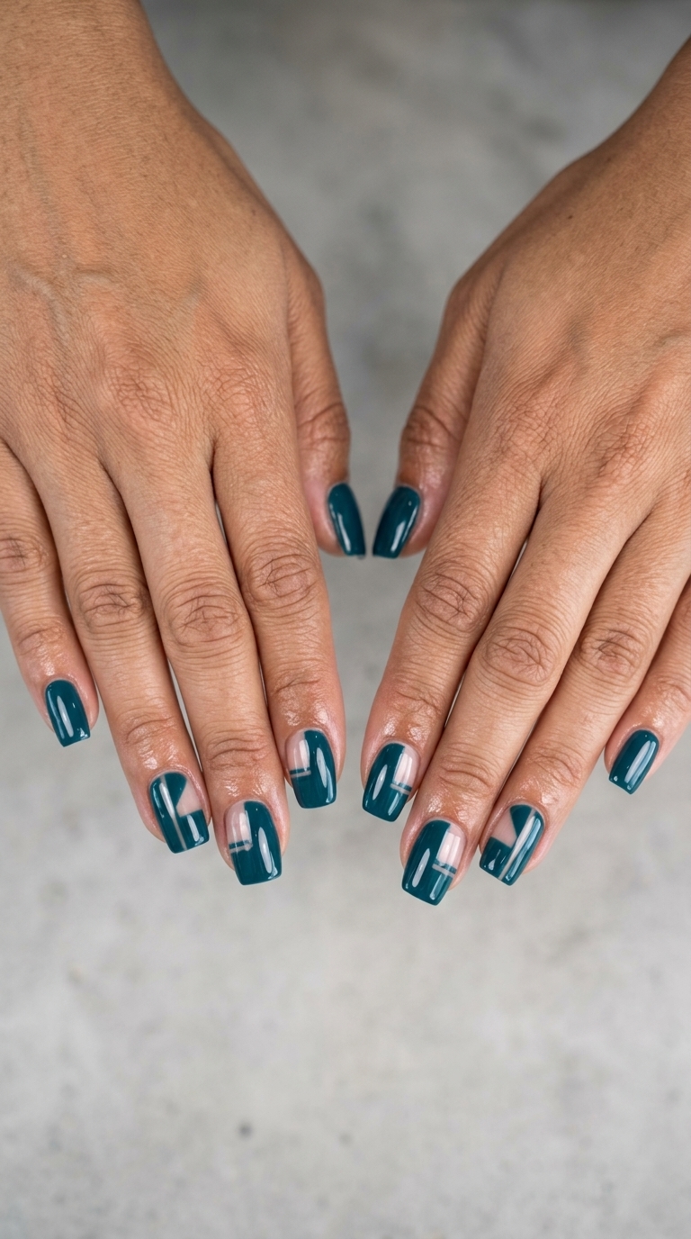 Geometric Teal Nails 2026: Modern Edge Geometric Teal Negative Space nails for daily wear. Trending summer nails 2026 with a minimalist, modern vibe.