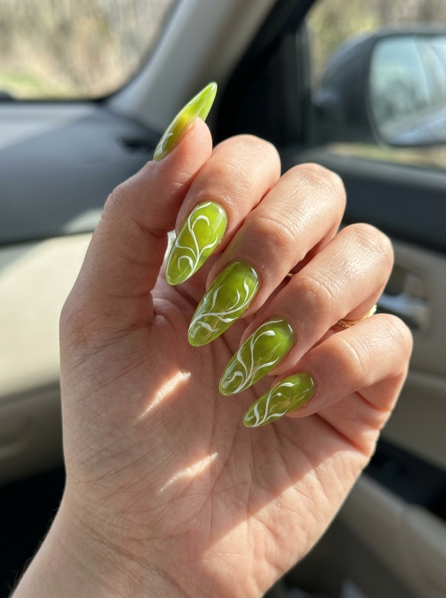 Jelly Lime Almond Nails 2026 | Festival Fun Whimsical lime green jelly almond nails with white swirls for trending summer nails 2026 festivals.