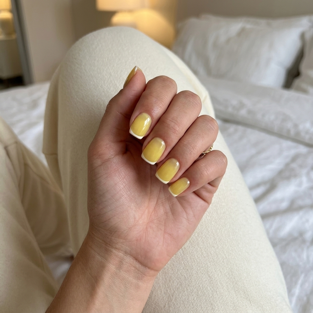 Lemon Meringue French Nails 2026: Playful Chic Lemon Meringue Micro French Square nails for casual outings. Trending summer nails 2026 with a playful, cheery vibe.