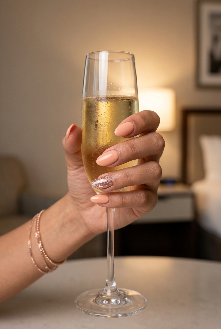 Trending Summer Nails 2026: Sweet Peach Fuzz Glitter Trending summer nails 2026: Peach fuzz glitter accent oval nails for date night or everyday sparkle.