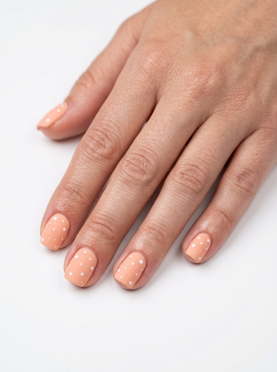 Trending Summer Nails 2026: Playful Peachy Dots Matte Trending summer nails 2026: Peachy dotty matte squoval nails for a playful, sweet casual look.