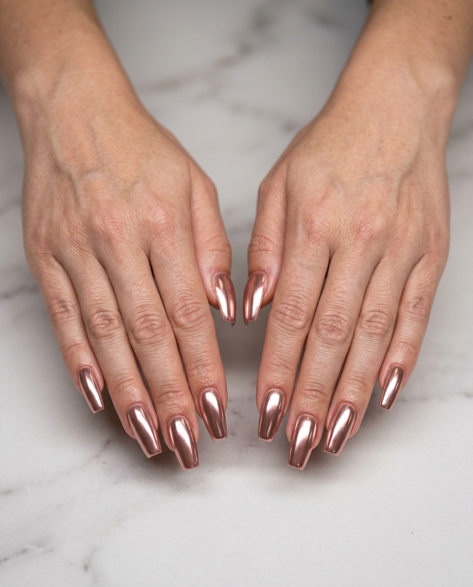 Rose Gold Chrome Flare Nails 2026: Future Glam Liquid Rose Gold Chrome Flare nails for parties. Trending summer nails 2026 with a futuristic, glamorous look.