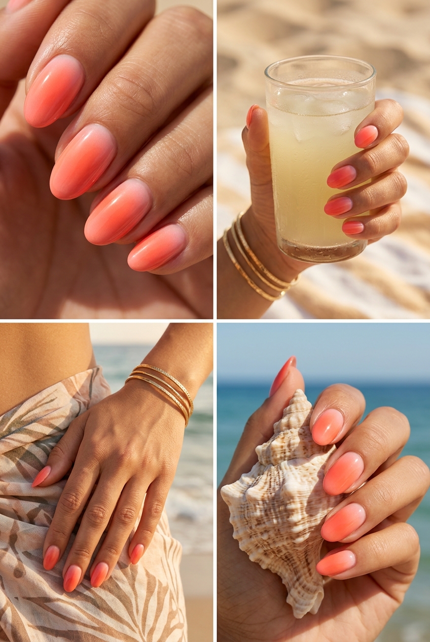 Trending Summer Nails 2026: Sunset Coral Aura Gradient Trending summer nails 2026: Sunset coral aura gradient oval nails for a vibrant vacation or beach trip.
