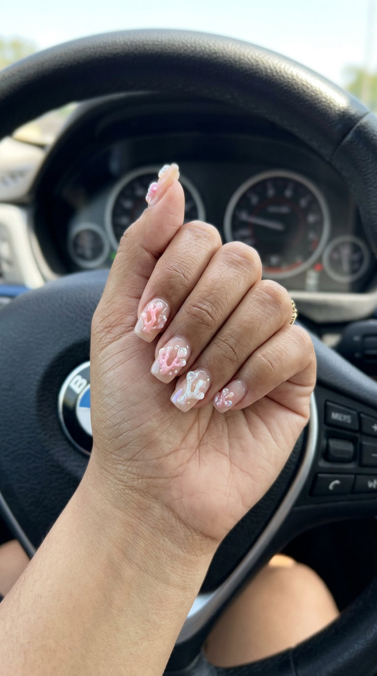 3D Coral Charm Squoval Nails 2026 Bohemian 3D coral charm squoval nails in nude and coral pink for beach parties. Tropical nail designs 2026.