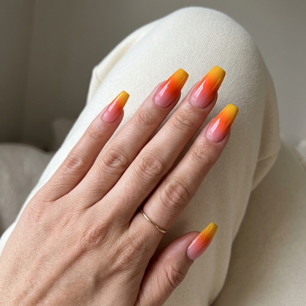 Airbrushed Tropical Sunset Gradient 2026 Glamorous airbrushed tropical sunset gradient nails for summer. Tropical nail designs 2026.