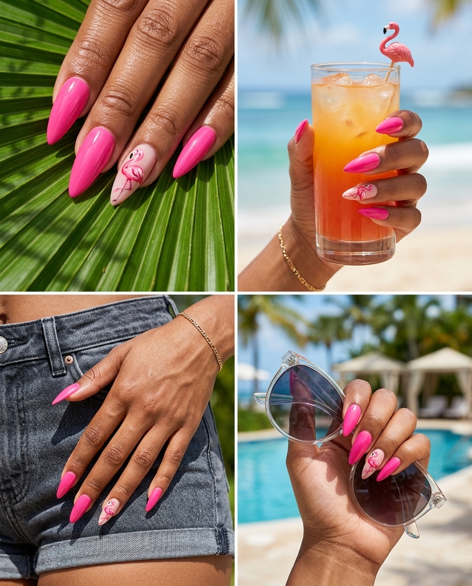 Hot Pink Flamingo Fiesta Nails 2026 Hot pink nails with 3D flamingo charms for tropical nail designs 2026, perfect for parties and summer events.