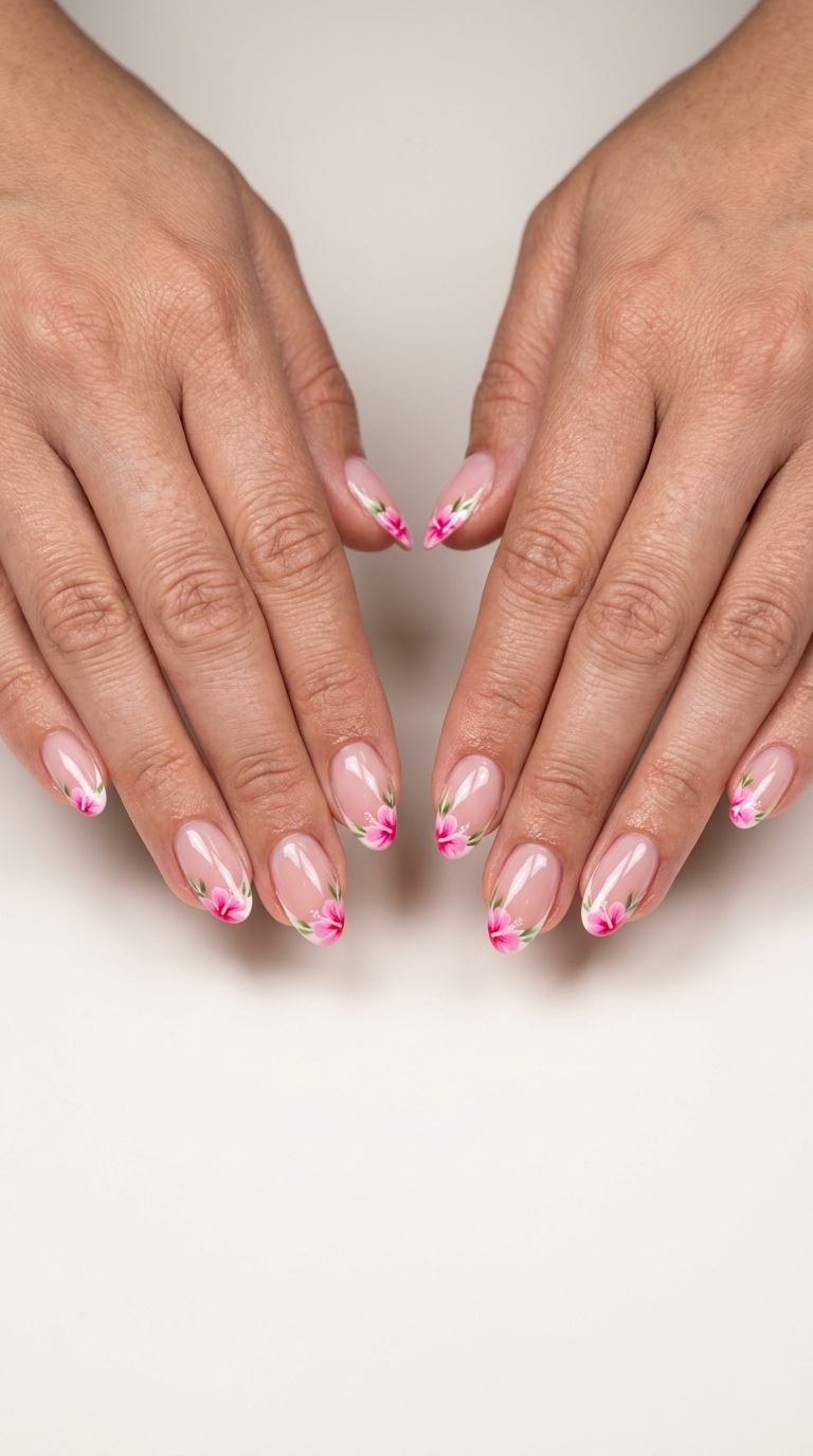 Hibiscus Bloom French Tip Nails 2026 Elegant hibiscus bloom French tip ballerina nails for tropical nail designs 2026, ideal for weddings and garden parties.