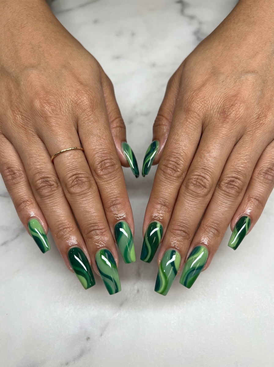 Jungle Abstract Swirl Coffin Nails 2026 | Edgy Party Style Jungle abstract swirl coffin nails for tropical nail designs 2026. Edgy party style in deep greens and teal with a high-gloss finish.