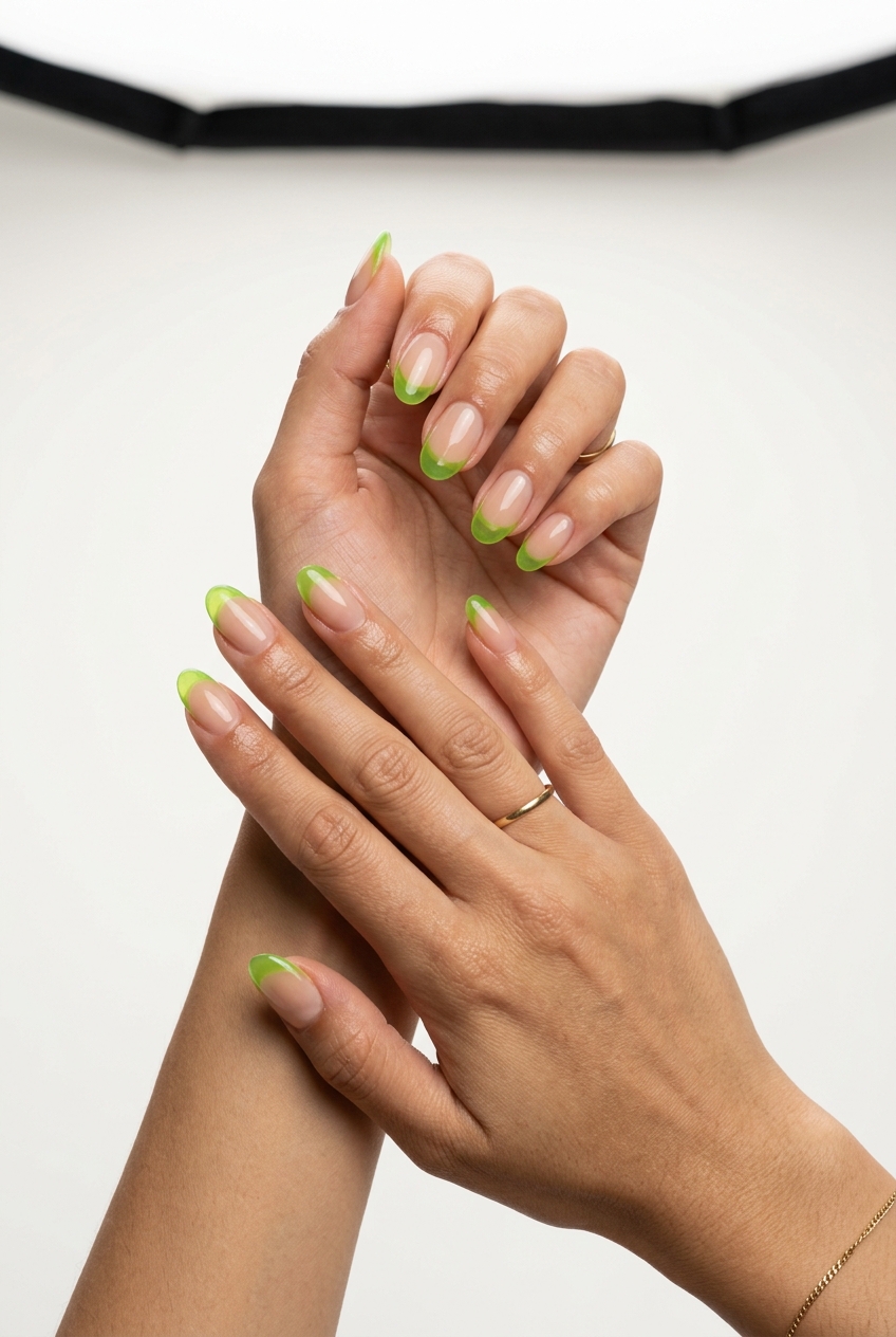 Lime Green Jelly French Tip Ovals 2026 Whimsical lime green jelly French tip oval nails for vacation. Tropical nail designs 2026.