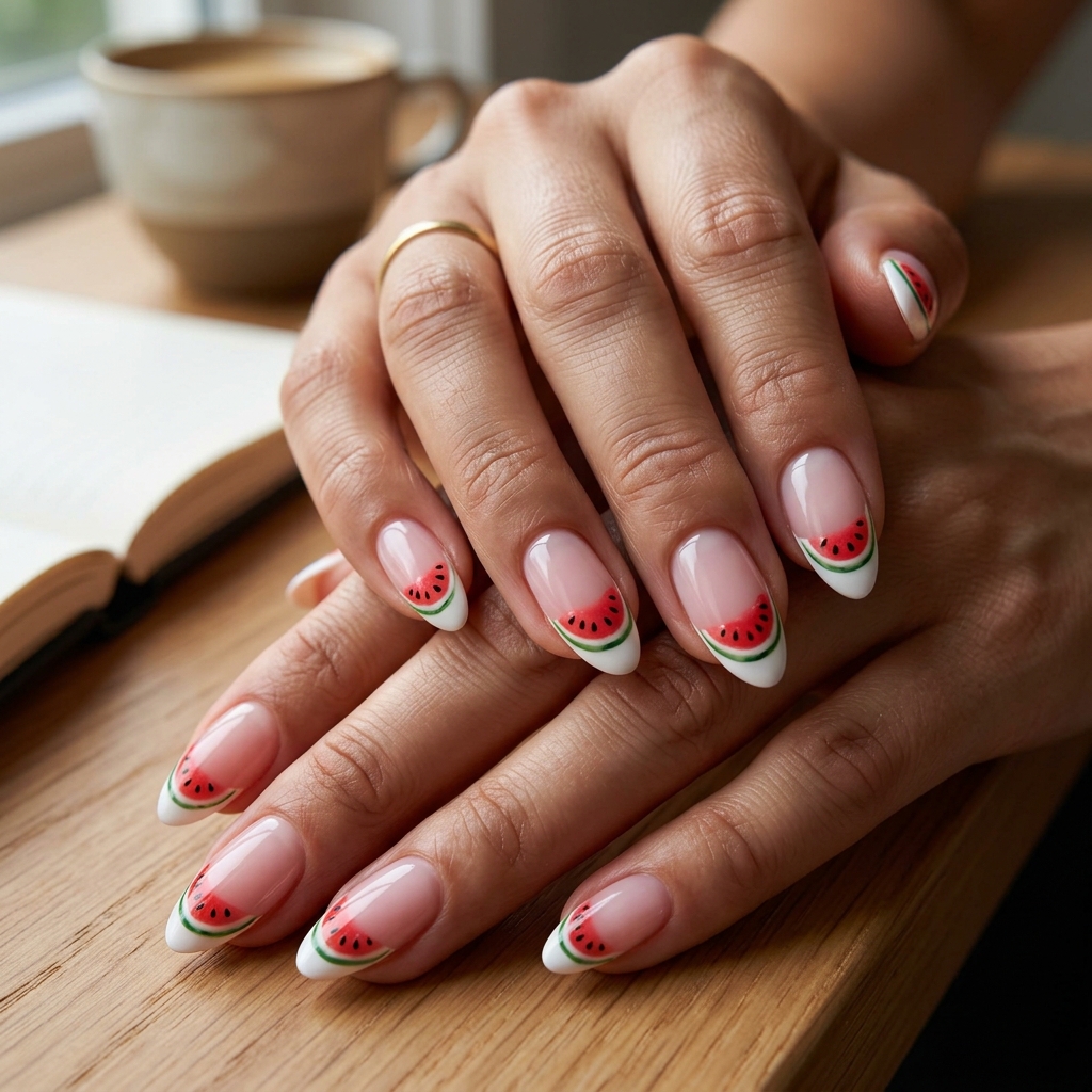 Micro Watermelon French Coffin Nails 2026 Whimsical micro watermelon slice French tip coffin nails for vacation. Tropical nail designs 2026.