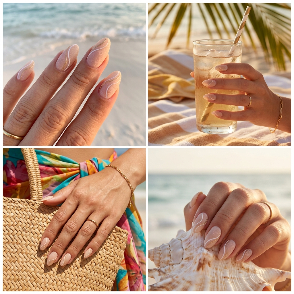 Seashell Swirl Accent Nails 2026 | Beach Vacation Style Textured seashell swirl accent nails for tropical nail designs 2026. Bohemian beach vacation style in sandy beige and pearlescent white.