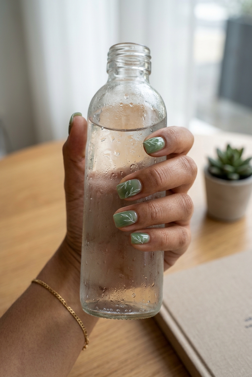 Sheer Green Leafy Lines Nails 2026 Minimalist sheer green nails with white leafy lines for a fresh, casual look. Tropical nail designs 2026.