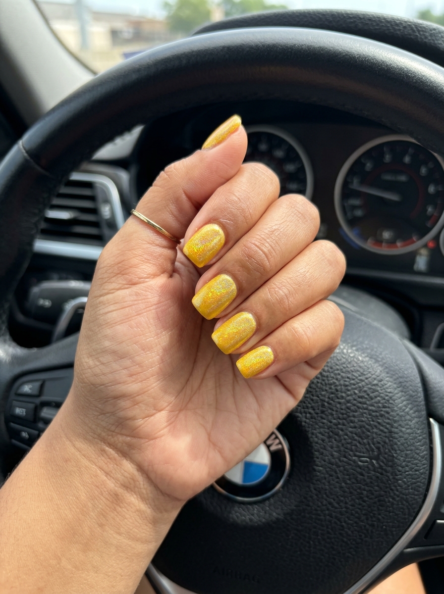 Sun-Kissed Yellow Holographic Squares 2026 Playful sun-kissed yellow holographic square nails for everyday. Tropical nail designs 2026.