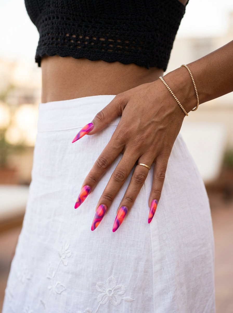 Airbrushed Sunset Swirls Nails 2026 Glamorous airbrushed sunset swirl stiletto nails for tropical nail designs 2026, perfect for parties and festivals.