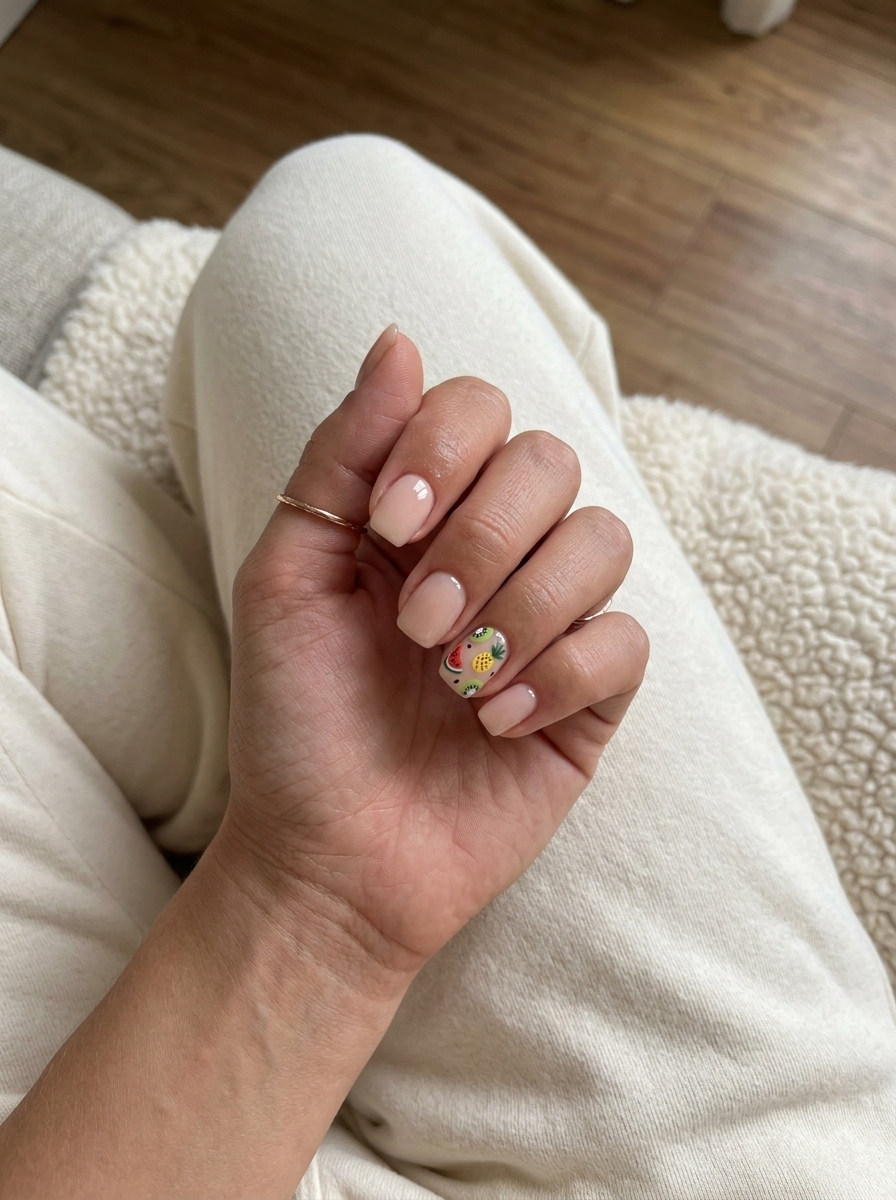 Tiny Fruit Slice Accent Nails 2026 | Summer Fun Style Tiny fruit slice accent nails for tropical nail designs 2026. Cute casual outing style with milky nude and watermelon, pineapple, kiwi.
