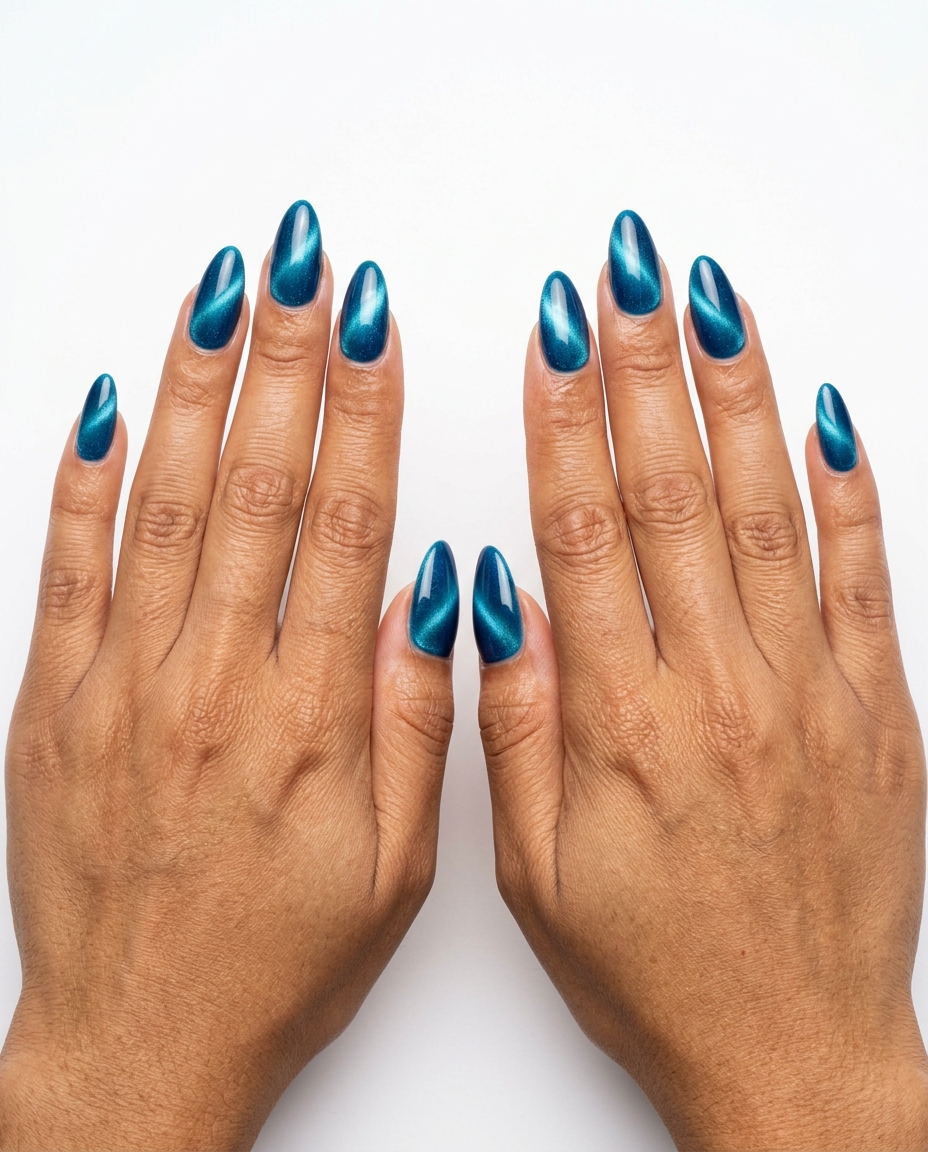 Turquoise Cat-Eye Waves Nails 2026 Sultry deep turquoise cat-eye waves nails for date night. Tropical nail designs 2026.