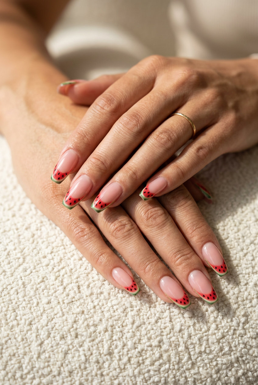 Micro watermelon slice French coffin nails for tropical nail designs 2026. Playful vacation style with sheer pink, green, red, and black.