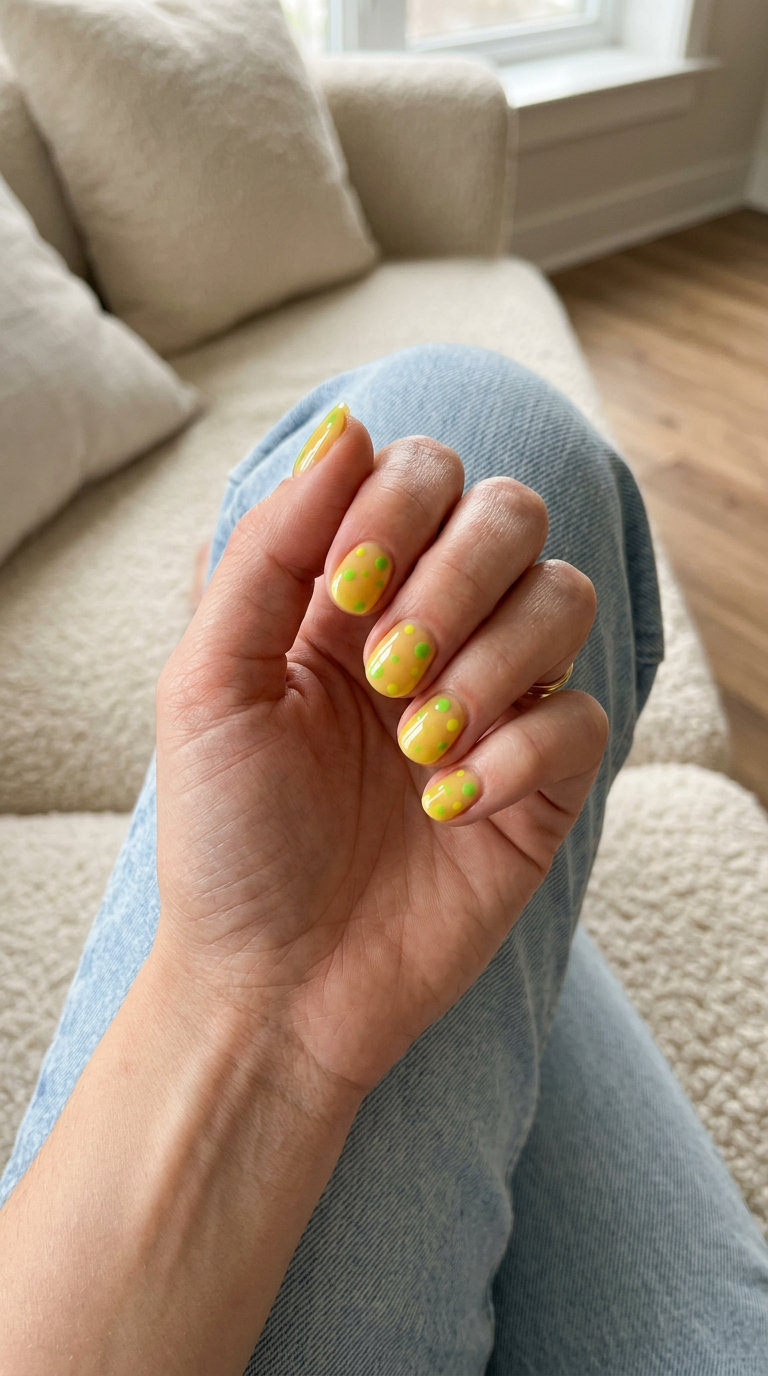 Citrus Dotty Delight vacation nails summer 2026: sheer yellow jelly with lime green dots. Fun & playful.