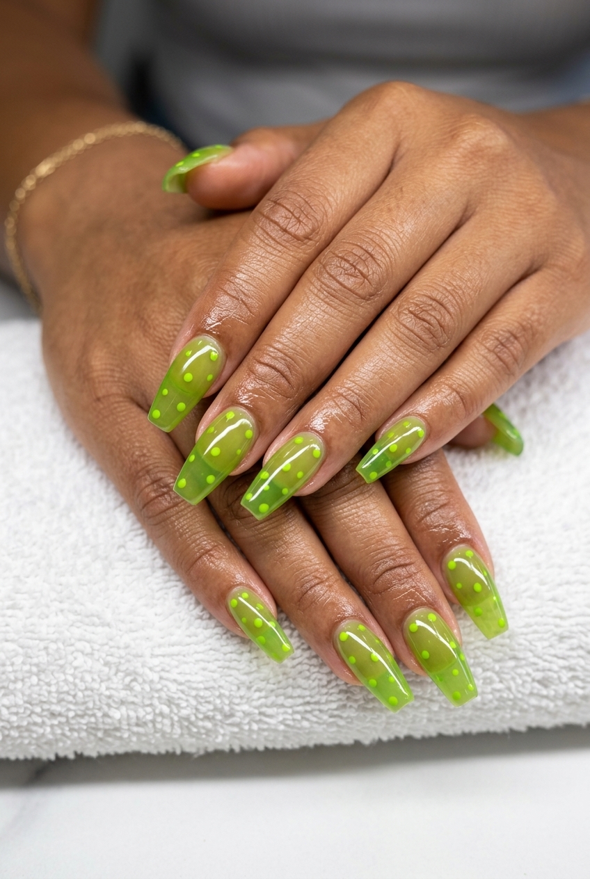 Citrus Pop Dot Ovals: Whimsical vacation nails summer 2026 with sheer lime green and bright green dots.