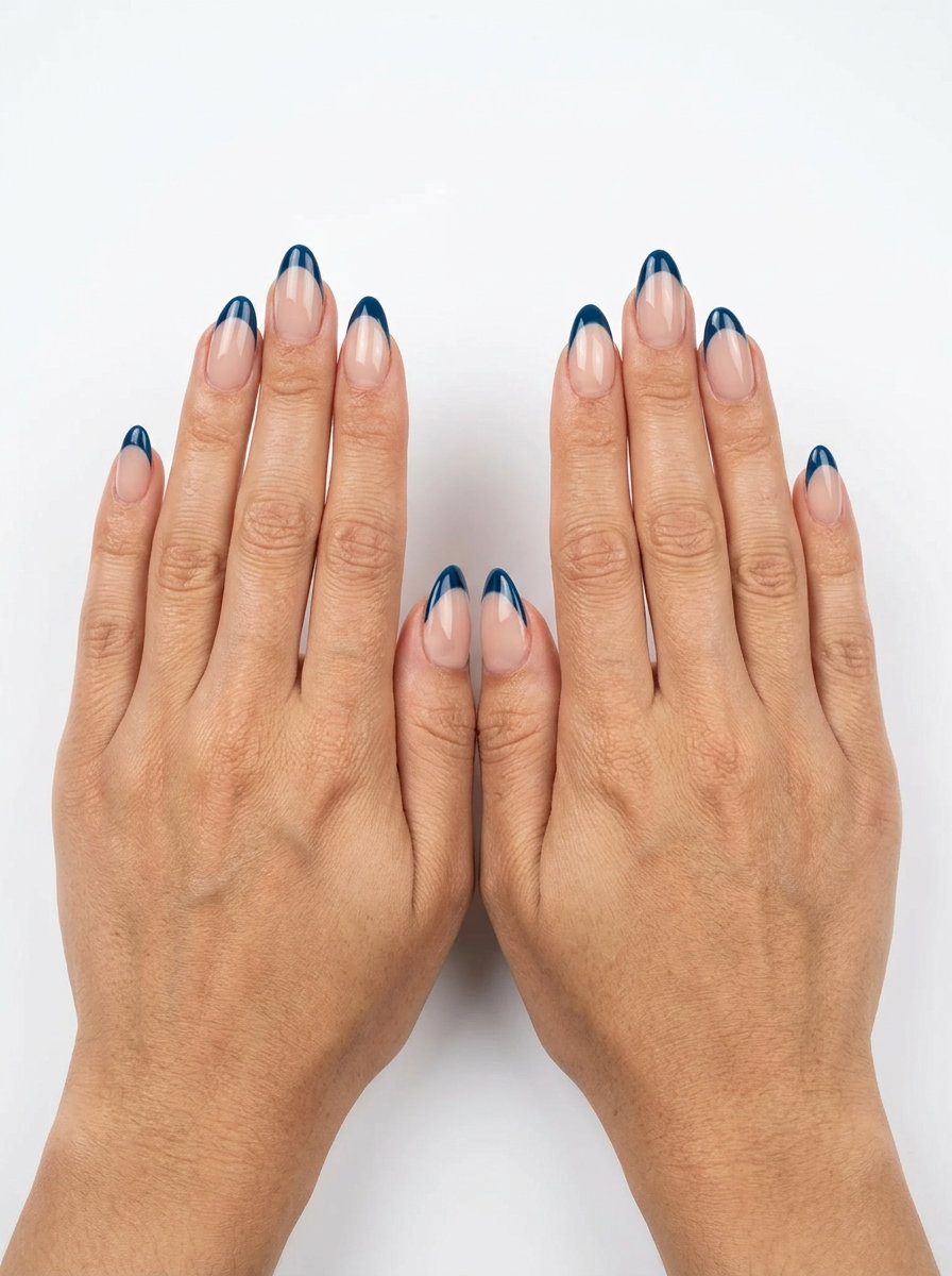Deep Sea Blue Reverse French vacation nails summer 2026. Sultry & sophisticated resort evening look.