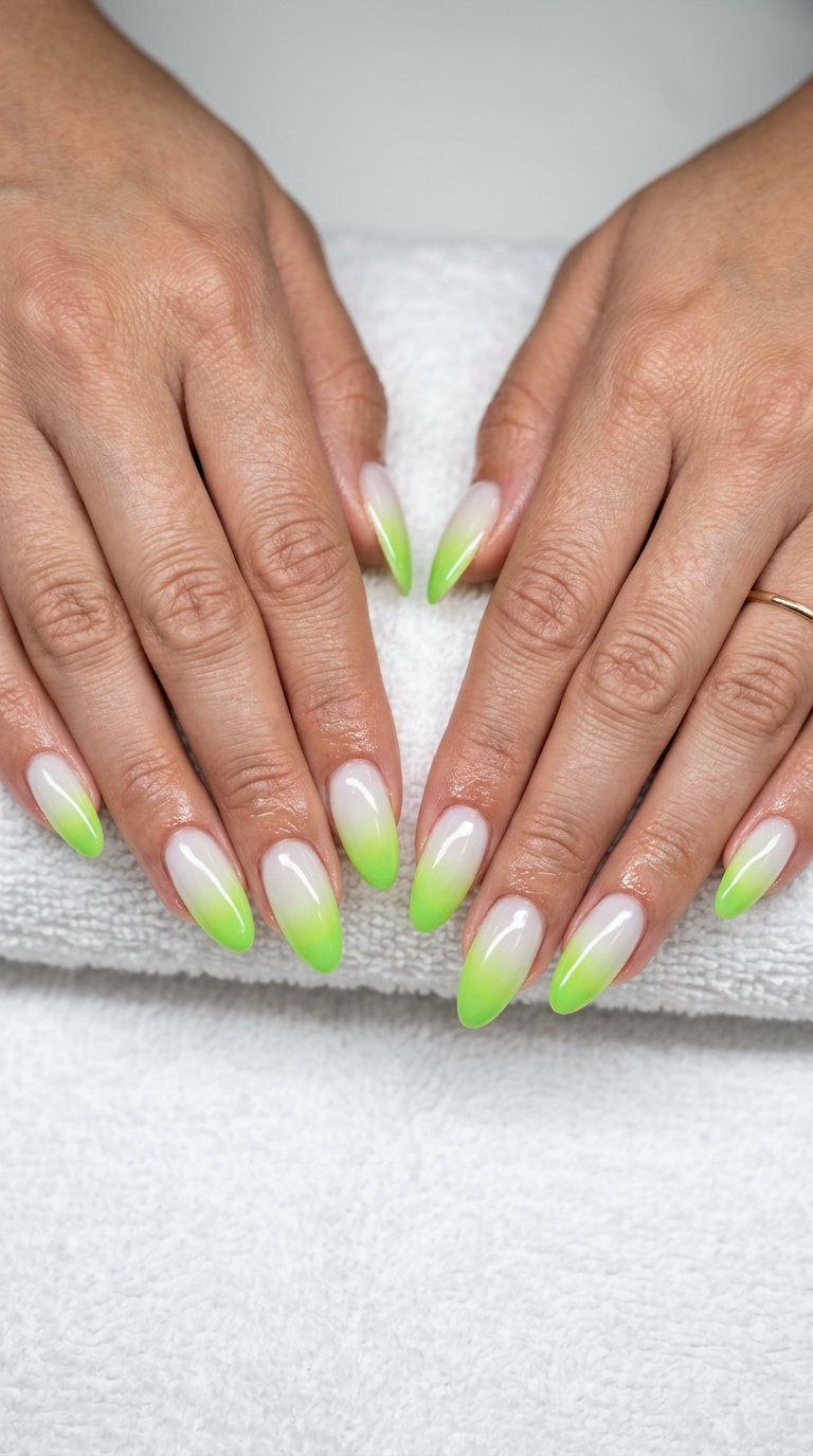 Lime zest airbrush ombre nails for vacation nails summer 2026, bold and energetic for festivals.