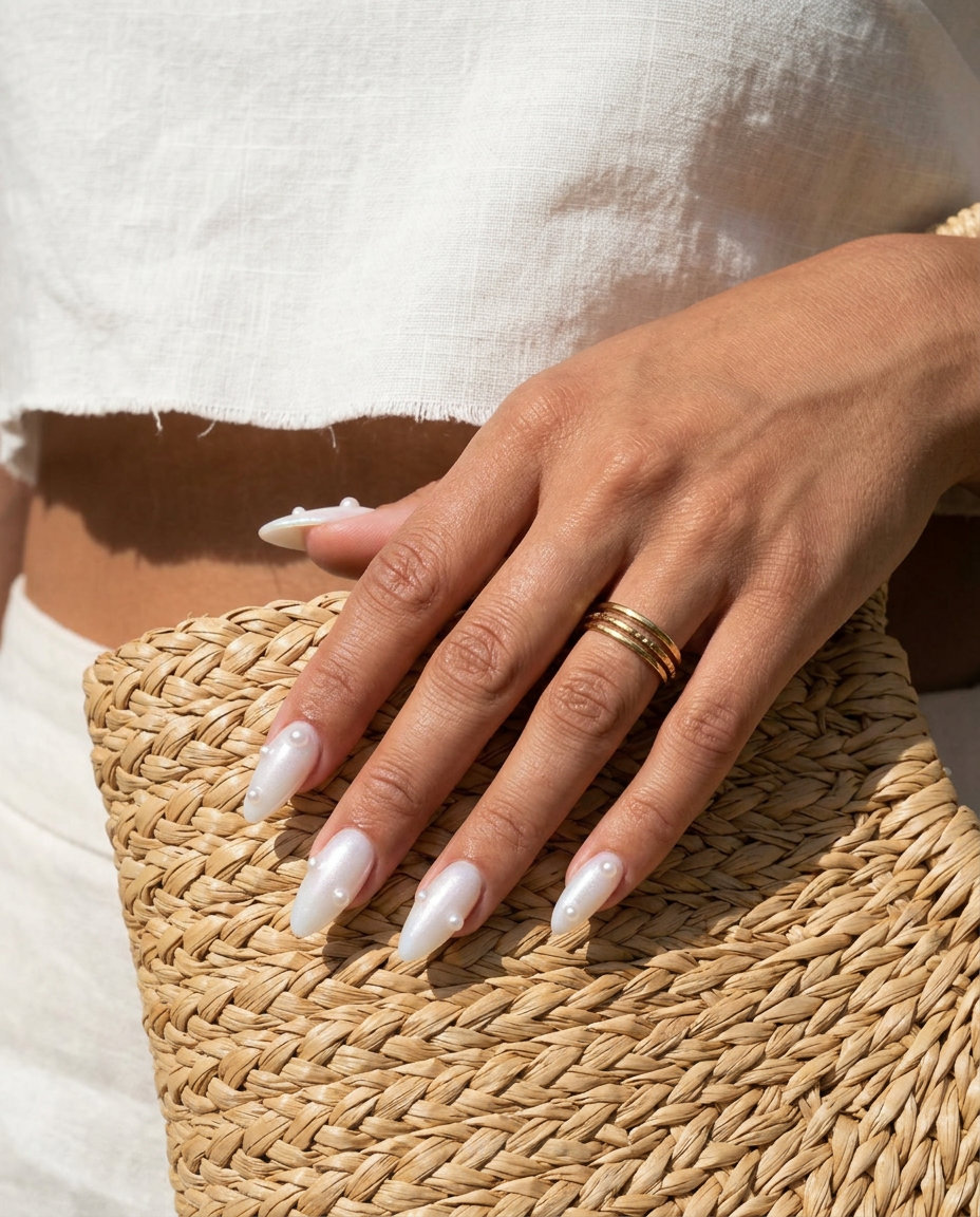 Milky White Pearl Charm vacation nails summer 2026. Dreamy & delicate bridal shower style.