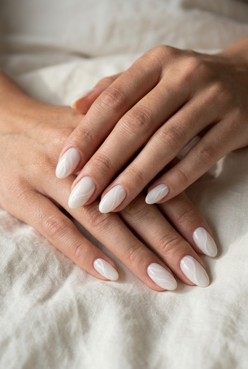 Milky White Swirls Oval vacation nails summer 2026. Sophisticated clean-girl resort wear.