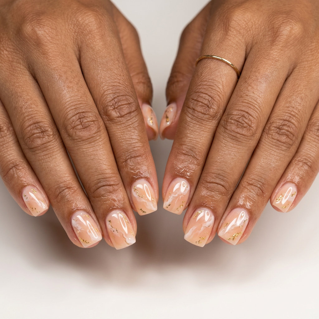 Peach Fuzz Marble Oasis vacation nails summer 2026. Romantic & elegant resort wear style.