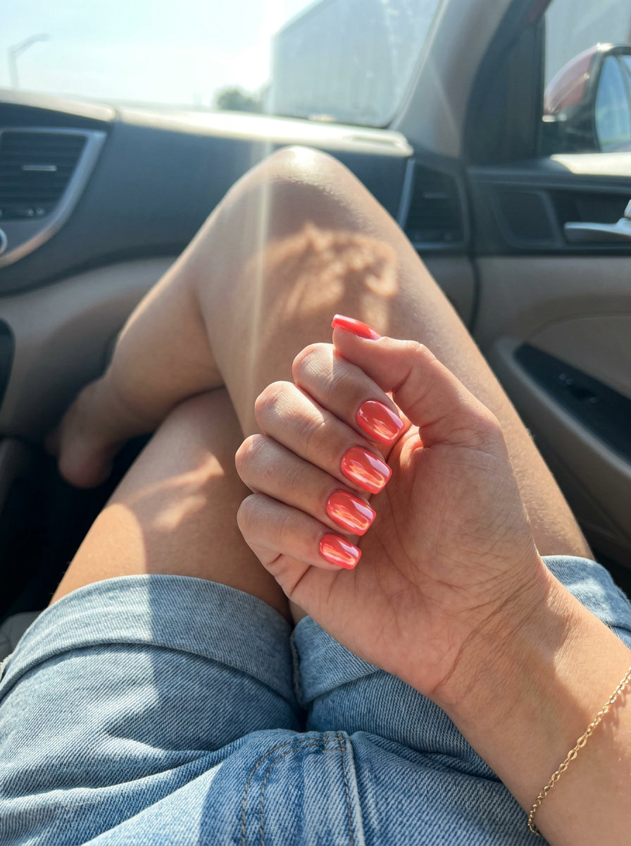 Radiant coral chrome nails for vacation nails summer 2026, glamorous for poolside and nights out.